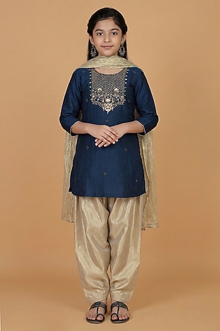 Persian Blue Viscose Silk Sequins Work Short Kurta Set For Girls by Harmony