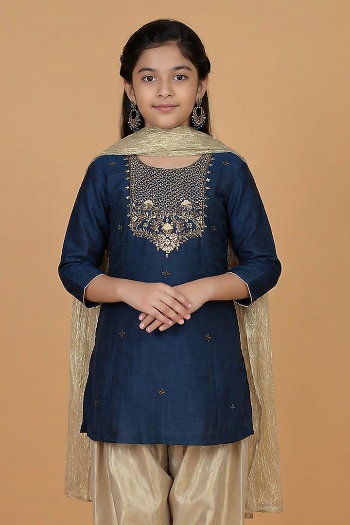 Persian Blue Viscose Silk Sequins Work Short Kurta Set For Girls by Harmony at Pernia's Pop Up Shop