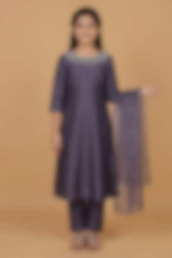 Dull Purple Chanderi Mirror Work Anarkali Set For Girls by Harmony at Pernia's Pop Up Shop