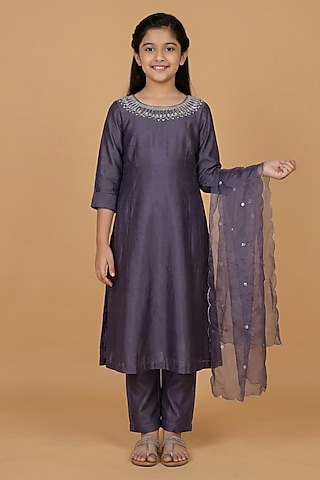 Dull Purple Chanderi Mirror Work Anarkali Set For Girls by Harmony