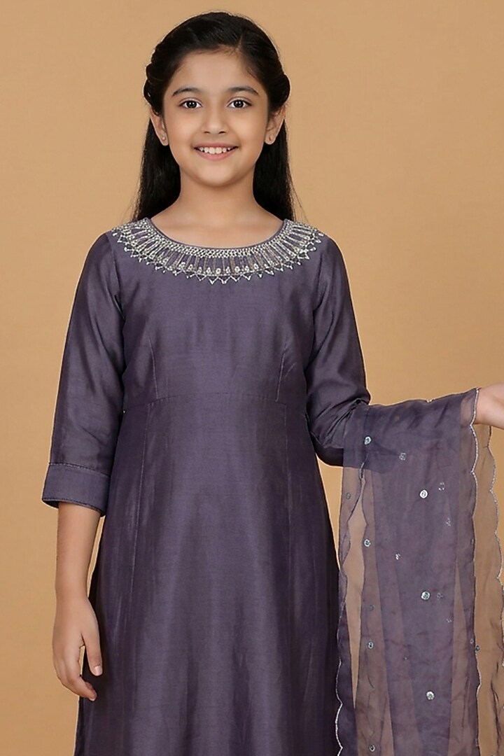 Dull Purple Chanderi Mirror Work Anarkali Set For Girls by Harmony at Pernia's Pop Up Shop