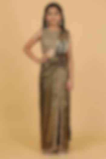 Gold Imported Foil Crepe Hand Embroidered Draped Skirt Set by Harmony at Pernia's Pop Up Shop