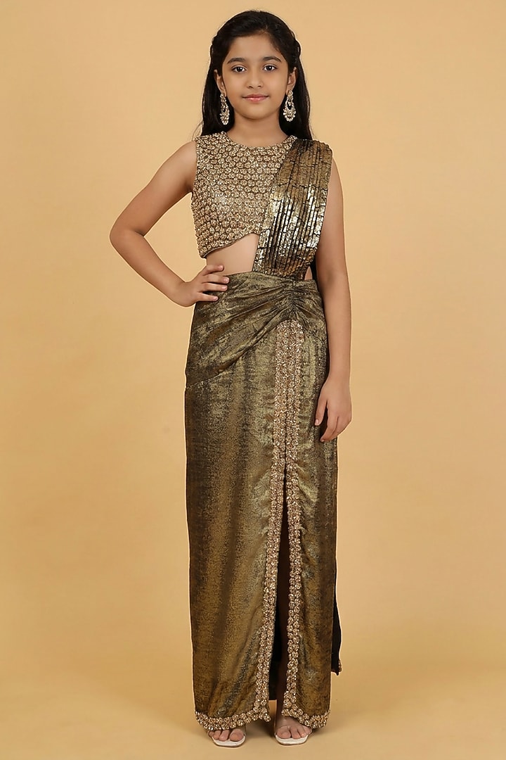Gold Imported Foil Crepe Hand Embroidered Draped Skirt Set by Harmony at Pernia's Pop Up Shop