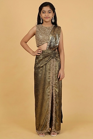 Gold Imported Foil Crepe Hand Embroidered Draped Skirt Set by Harmony