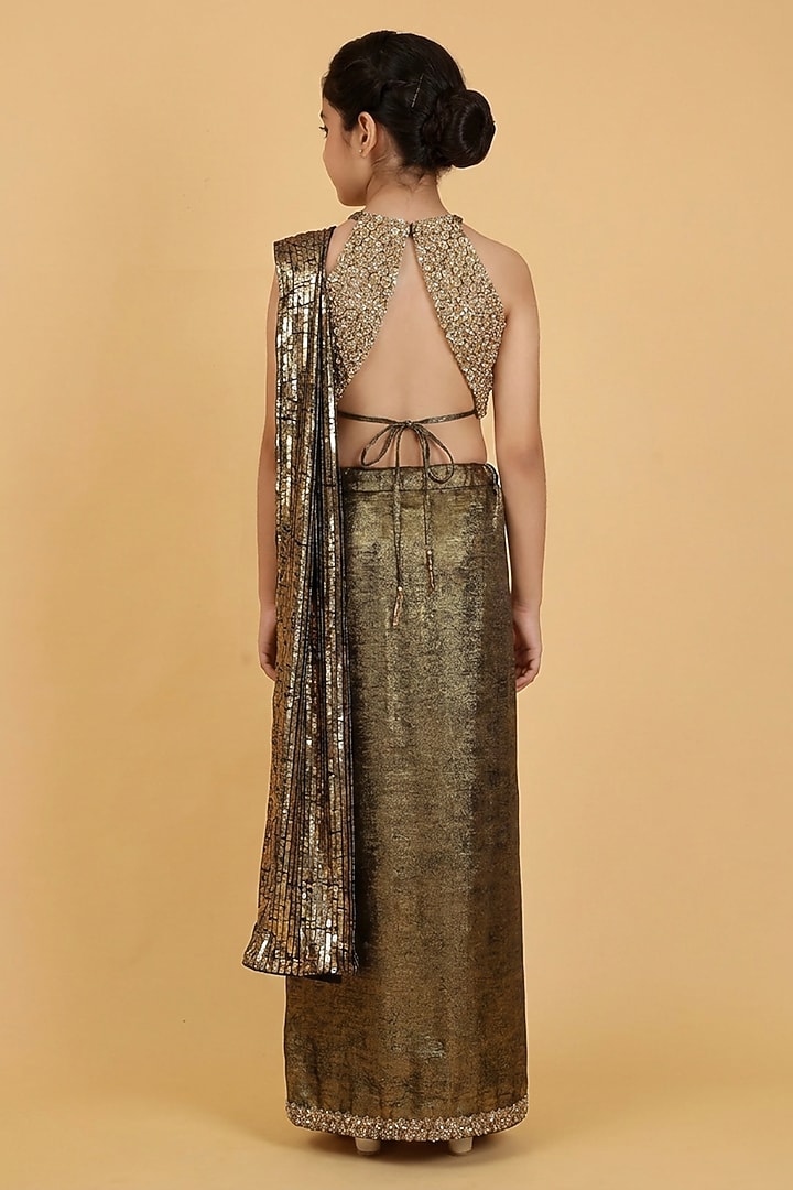 Gold Imported Foil Crepe Hand Embroidered Draped Skirt Set by Harmony at Pernia's Pop Up Shop