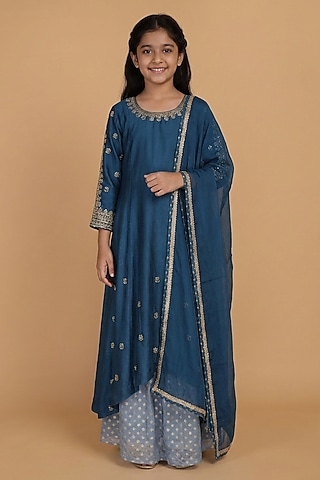 Persian Blue Katan Silk Beads Embroidered A-Line Kurta Set For Girls by Harmony