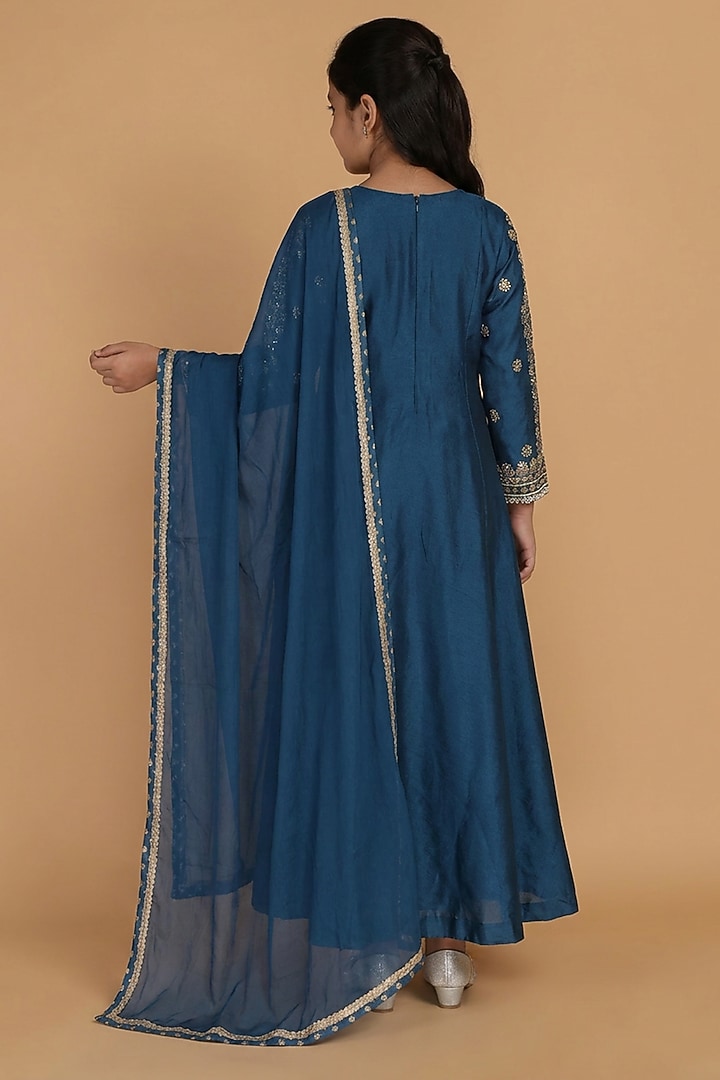 Persian Blue Katan Silk Beads Embroidered A-Line Kurta Set For Girls by Harmony at Pernia's Pop Up Shop