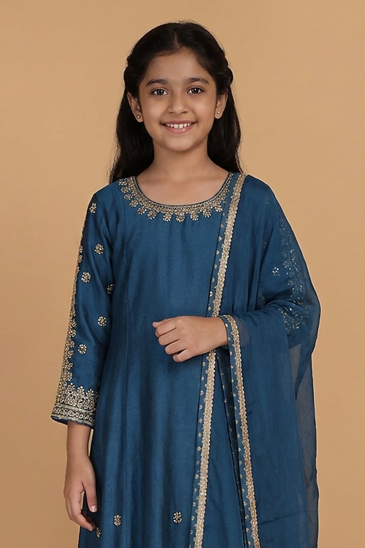 Persian Blue Katan Silk Beads Embroidered A-Line Kurta Set For Girls by Harmony at Pernia's Pop Up Shop