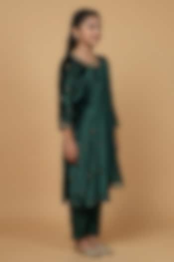 Dark Green Velvet Beadwork Kurta Set For Girls by Harmony at Pernia's Pop Up Shop
