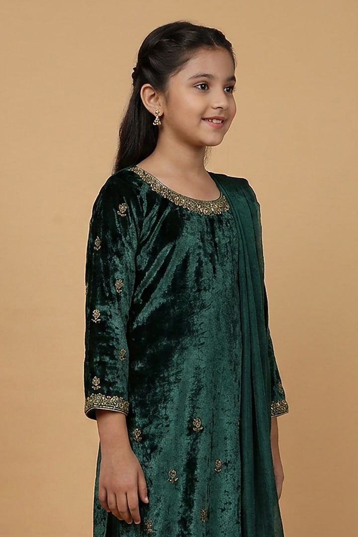 Dark Green Velvet Beadwork Kurta Set For Girls by Harmony at Pernia's Pop Up Shop