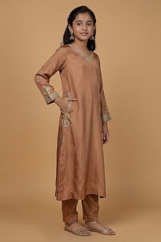 Rust Opara Silk Hand Embroidered Kurta Set For Girls by Harmony