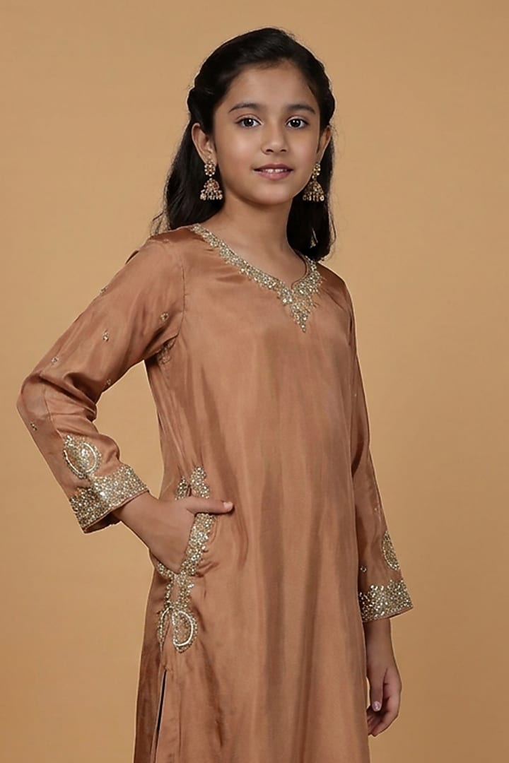 Rust Opara Silk Hand Embroidered Kurta Set For Girls by Harmony at Pernia's Pop Up Shop