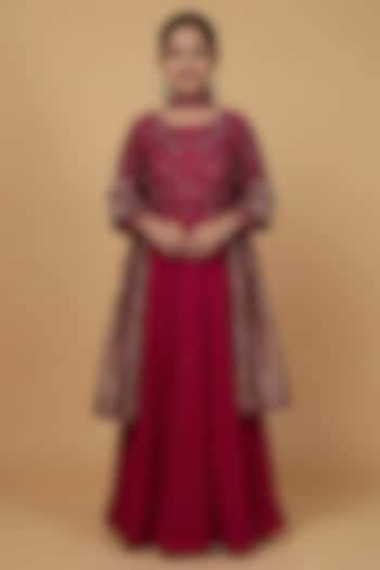 Wine Georgette Embroidered Anarkali Set For Girls by Harmony at Pernia's Pop Up Shop