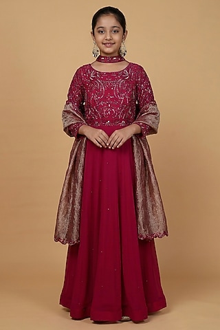 Wine Georgette Embroidered Anarkali Set For Girls by Harmony