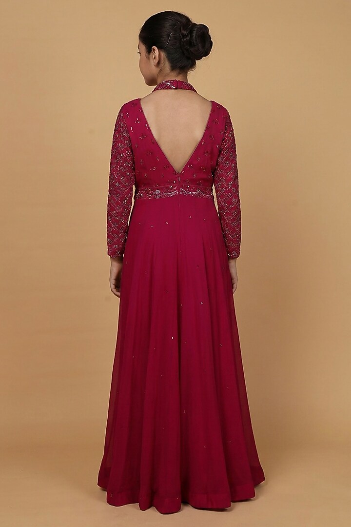 Wine Georgette Embroidered Anarkali Set For Girls by Harmony at Pernia's Pop Up Shop