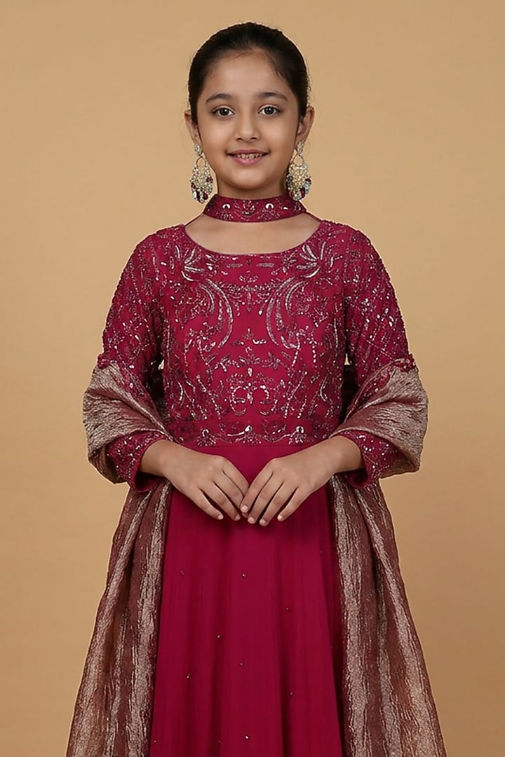Wine Georgette Embroidered Anarkali Set For Girls by Harmony at Pernia's Pop Up Shop
