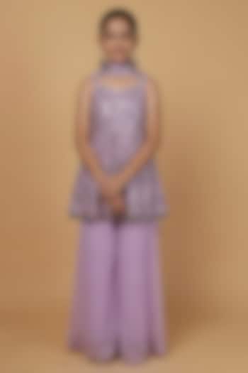 Lavender Georgette Mirror Work Sharara Set For Girls by Harmony at Pernia's Pop Up Shop