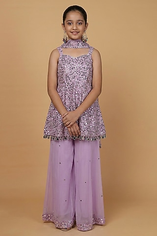 Lavender Georgette Mirror Work Sharara Set For Girls by Harmony