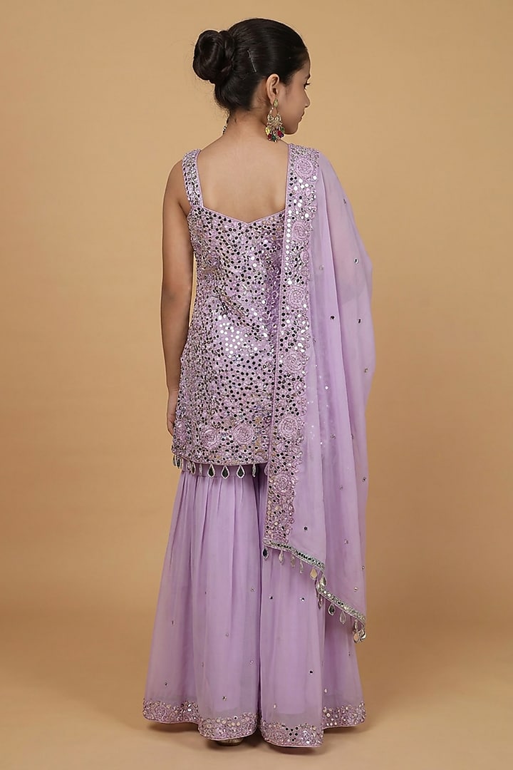 Lavender Georgette Mirror Work Sharara Set For Girls by Harmony at Pernia's Pop Up Shop