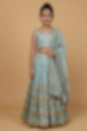Teal Crushed Viscose Silk Block Printed Lehenga Set For Girls by Harmony at Pernia's Pop Up Shop