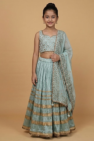 Teal Crushed Viscose Silk Block Printed Lehenga Set For Girls by Harmony