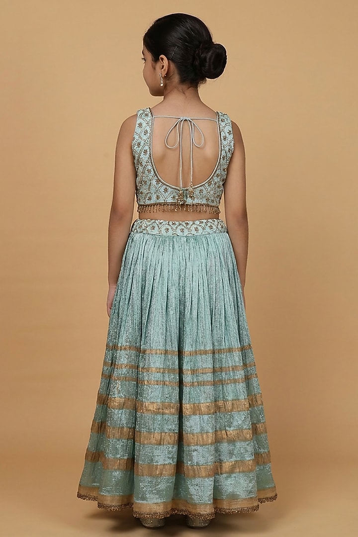 Teal Crushed Viscose Silk Block Printed Lehenga Set For Girls by Harmony at Pernia's Pop Up Shop