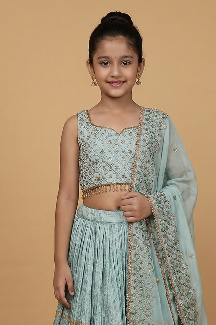 Teal Crushed Viscose Silk Block Printed Lehenga Set For Girls by Harmony at Pernia's Pop Up Shop