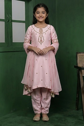 Light Pink Katan Silk Hand Embroidered Kurta Set For Girls by Harmony