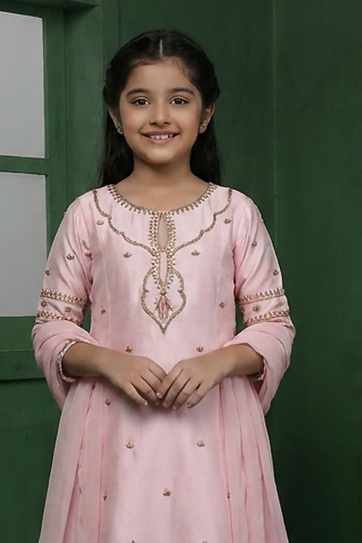 Light Pink Katan Silk Hand Embroidered Kurta Set For Girls by Harmony at Pernia's Pop Up Shop