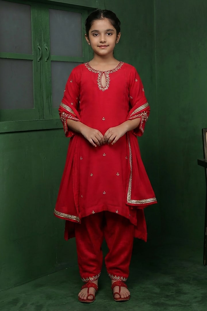 Rani Pink Viscose Organza Handwork Kurta Set For Girls by Harmony at Pernia's Pop Up Shop