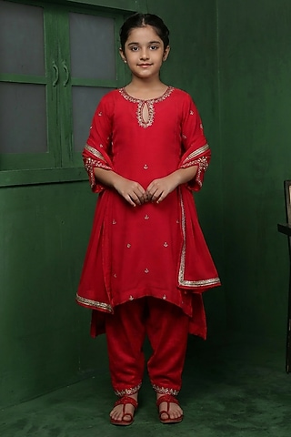 Rani Pink Viscose Organza Handwork Kurta Set For Girls by Harmony