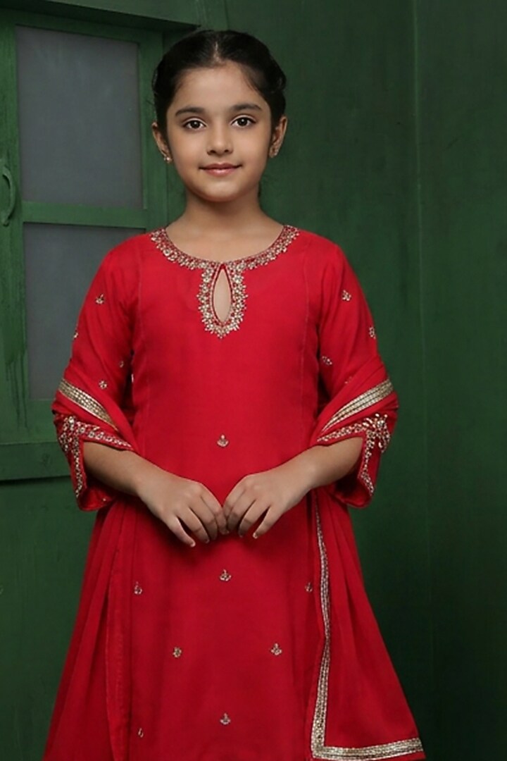 Rani Pink Viscose Organza Handwork Kurta Set For Girls by Harmony at Pernia's Pop Up Shop