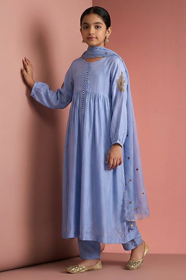 Medium Blue Opara Silk Motifs Handwork Kurta Set For Girls by Harmony at Pernia's Pop Up Shop