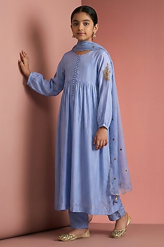 Medium Blue Opara Silk Motifs Handwork Kurta Set For Girls by Harmony