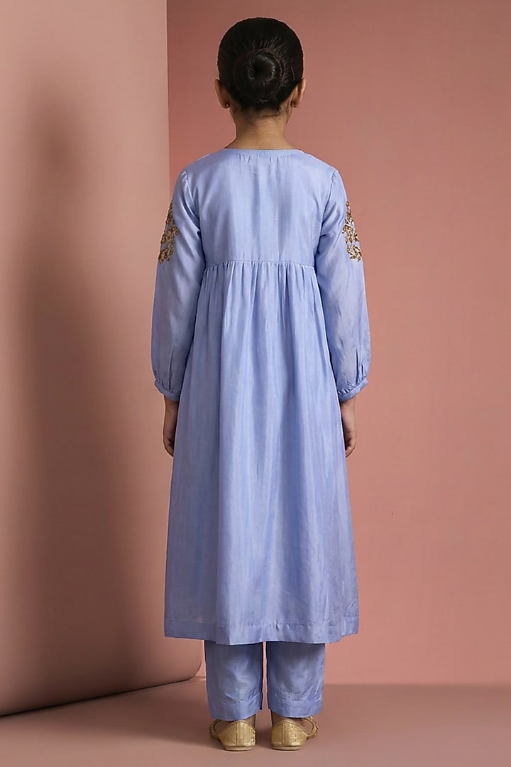 Medium Blue Opara Silk Motifs Handwork Kurta Set For Girls by Harmony at Pernia's Pop Up Shop