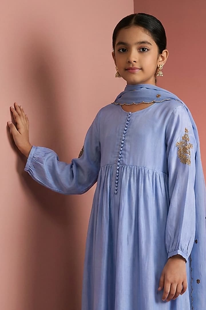 Medium Blue Opara Silk Motifs Handwork Kurta Set For Girls by Harmony at Pernia's Pop Up Shop