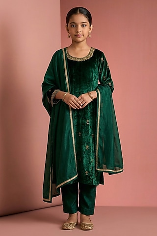 Dark Green Velvet Hand Embroidered Kurta Set For Girls by Harmony