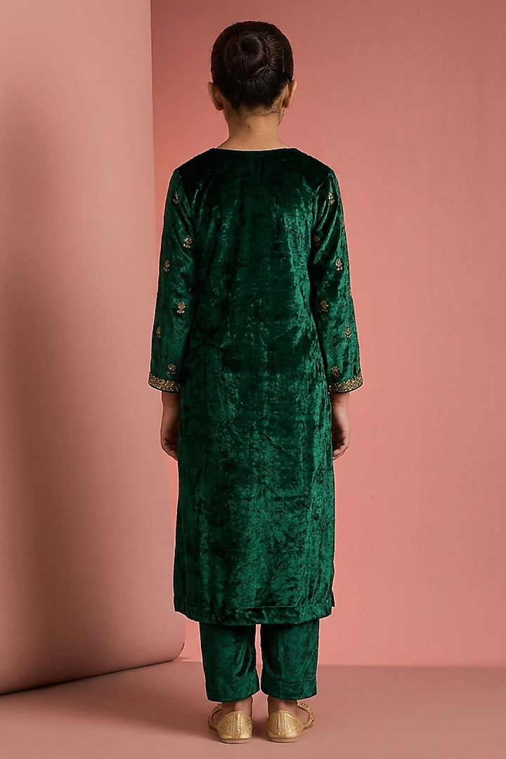 Dark Green Velvet Hand Embroidered Kurta Set For Girls by Harmony at Pernia's Pop Up Shop