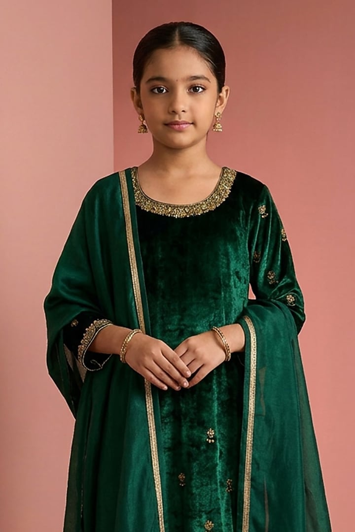 Dark Green Velvet Hand Embroidered Kurta Set For Girls by Harmony at Pernia's Pop Up Shop