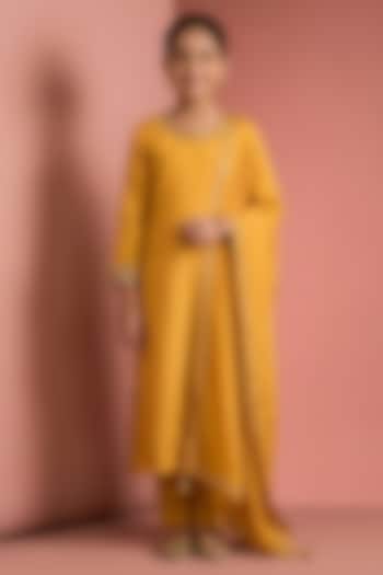 Mustard Yellow Viscose Silk Hand Embroidered Kurta Set For Girls by Harmony at Pernia's Pop Up Shop