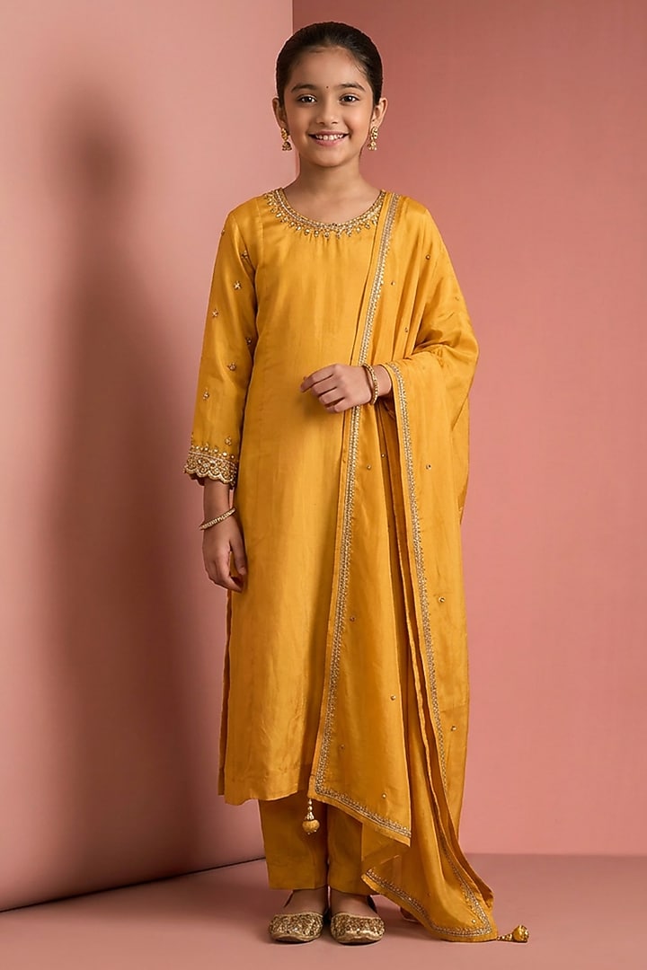 Mustard Yellow Viscose Silk Hand Embroidered Kurta Set For Girls by Harmony at Pernia's Pop Up Shop