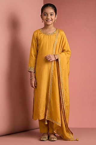 Mustard Yellow Viscose Silk Hand Embroidered Kurta Set For Girls by Harmony