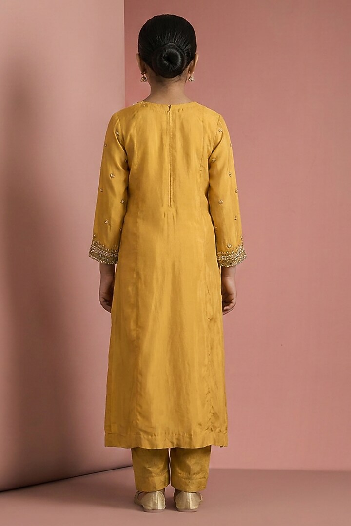 Mustard Yellow Viscose Silk Hand Embroidered Kurta Set For Girls by Harmony at Pernia's Pop Up Shop