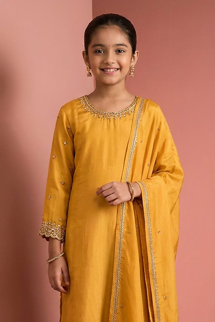Mustard Yellow Viscose Silk Hand Embroidered Kurta Set For Girls by Harmony at Pernia's Pop Up Shop