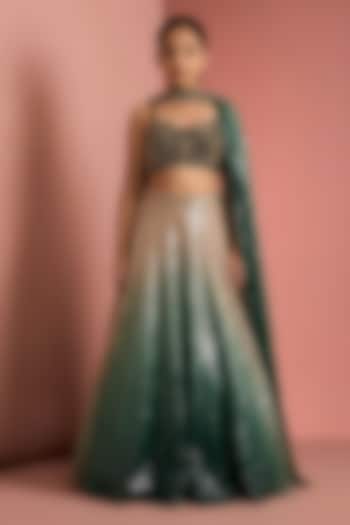 Dark Green & Beige Ombre Viscose Georgette Sequins Work Lehenga Set For Girls by Harmony at Pernia's Pop Up Shop