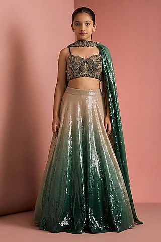 Dark Green & Beige Ombre Viscose Georgette Sequins Work Lehenga Set For Girls by Harmony