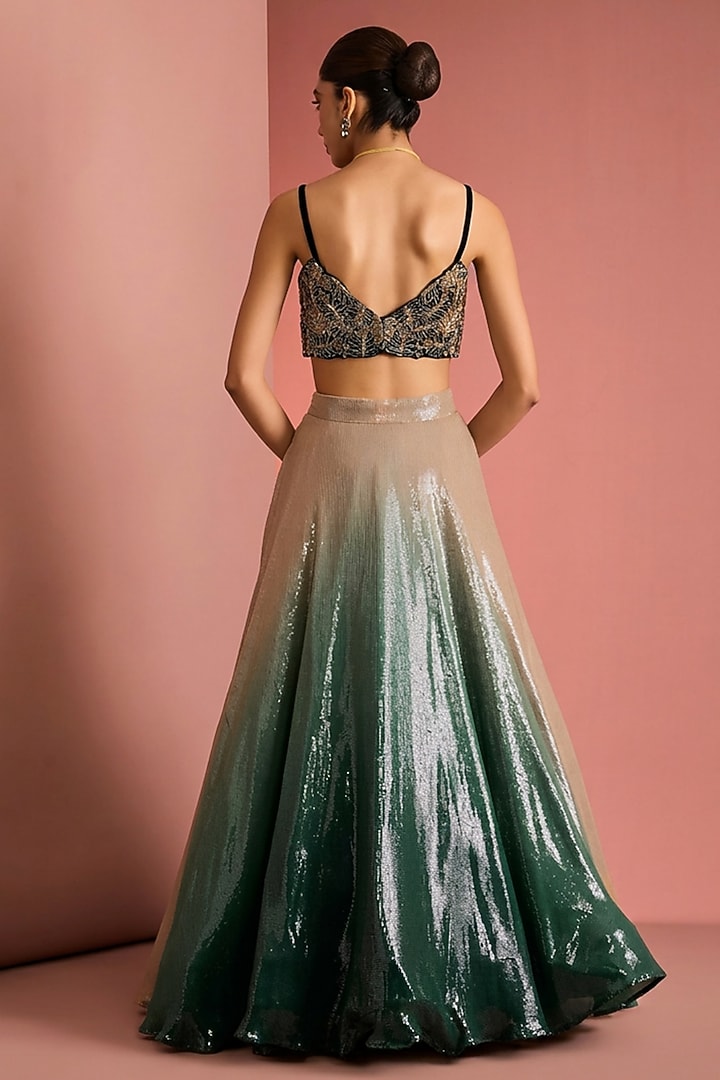 Dark Green & Beige Ombre Viscose Georgette Sequins Work Lehenga Set For Girls by Harmony at Pernia's Pop Up Shop
