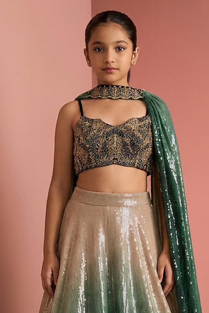 Dark Green & Beige Ombre Viscose Georgette Sequins Work Lehenga Set For Girls by Harmony at Pernia's Pop Up Shop