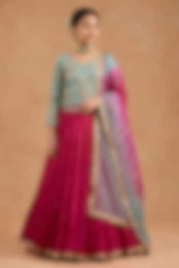 Hot Pink Viscose Silk Hand Embroidered Lehenga Set For Girls by Harmony at Pernia's Pop Up Shop