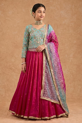 Hot Pink Viscose Silk Hand Embroidered Lehenga Set For Girls by Harmony
